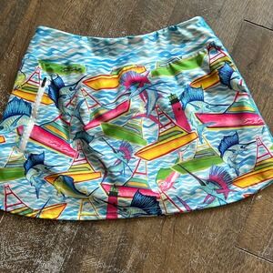 Sporty Girl Marlin Fishing Boat Print Athletic Skort Blue Pink XL Pocket Zipper